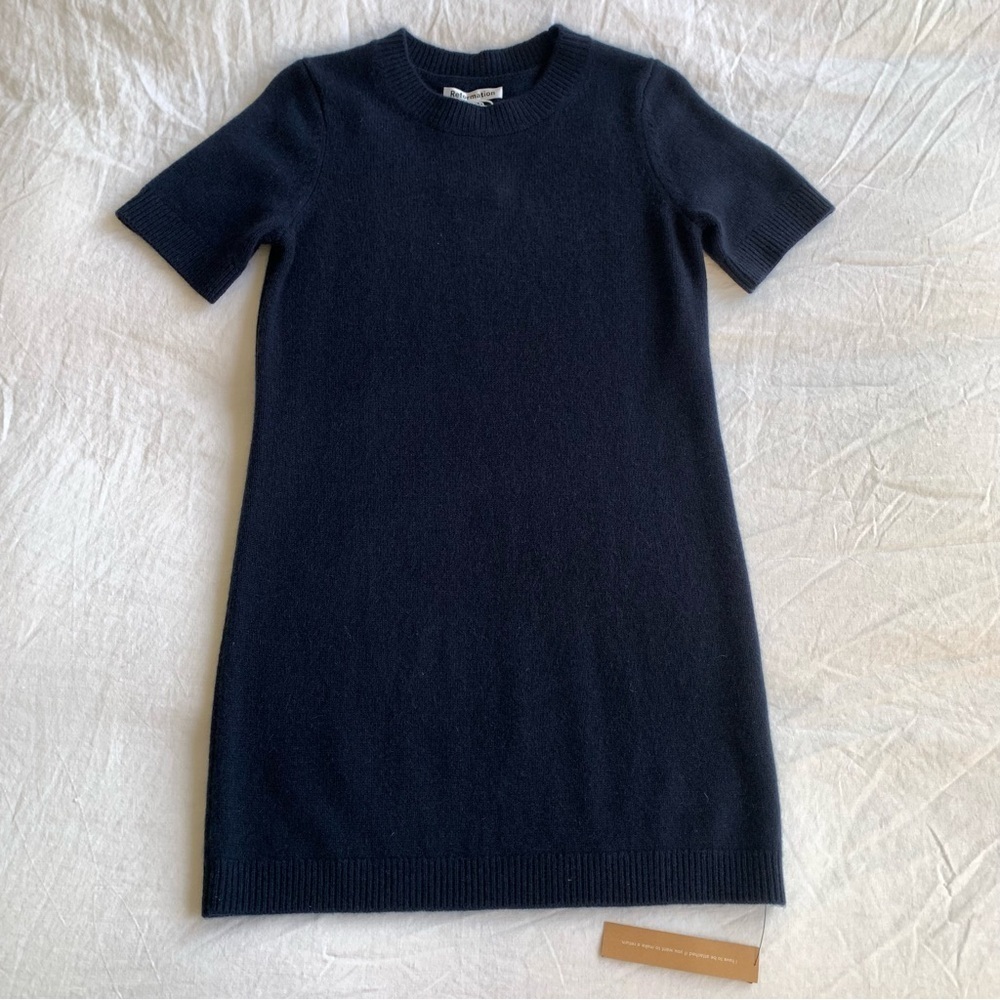 NWT Reformation Bell Cashmere Short Sleeve Mini Sweater Knit Dress Navy Blue